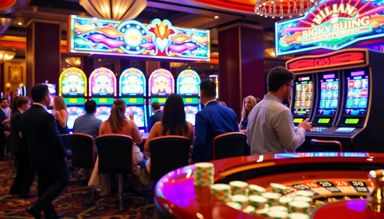 Players engaging with dazzling slot machines in a vibrant casino atmosphere.