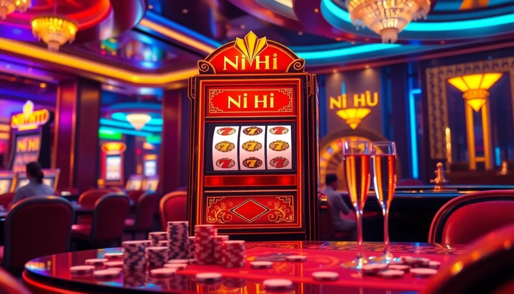 Nổ Hũ slot machine surrounded by poker chips and a roulette wheel in a vibrant casino setting