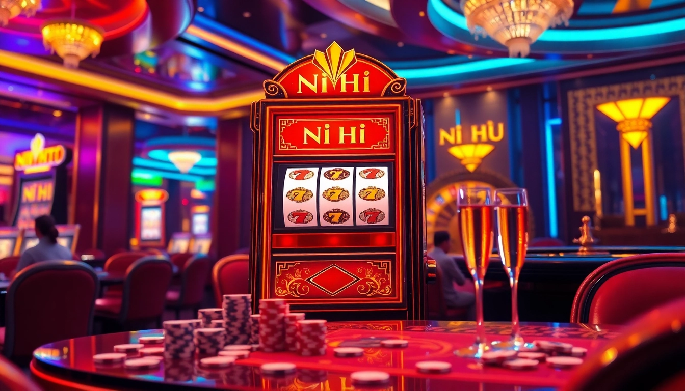Nổ Hũ slot machine surrounded by poker chips and a roulette wheel in a vibrant casino setting
