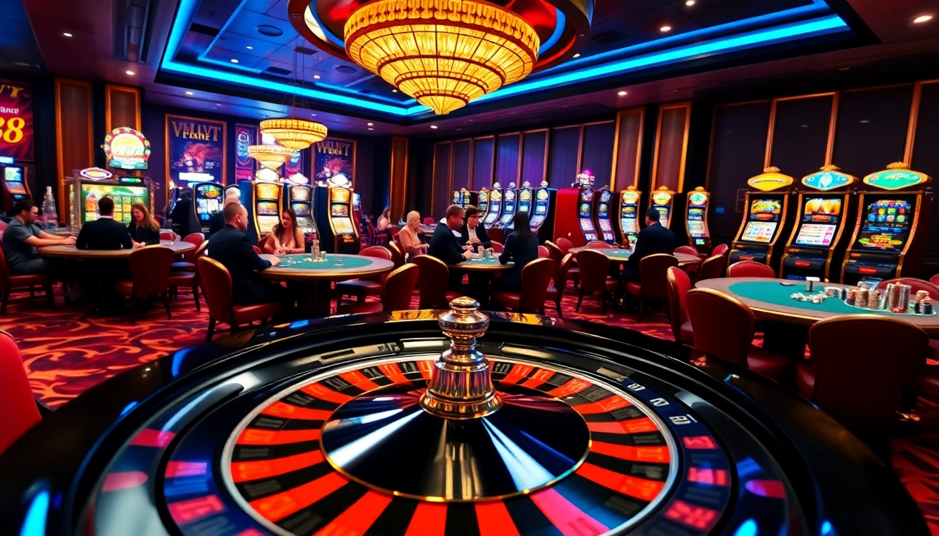 FLY88 players savoring luxury gaming experiences in a vibrant casino atmosphere.
