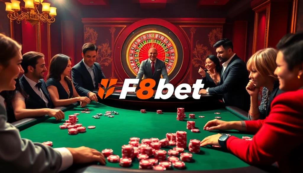 Players enjoying an exciting game at F8bet's casino table, with vibrant poker chips and a roulette wheel.
