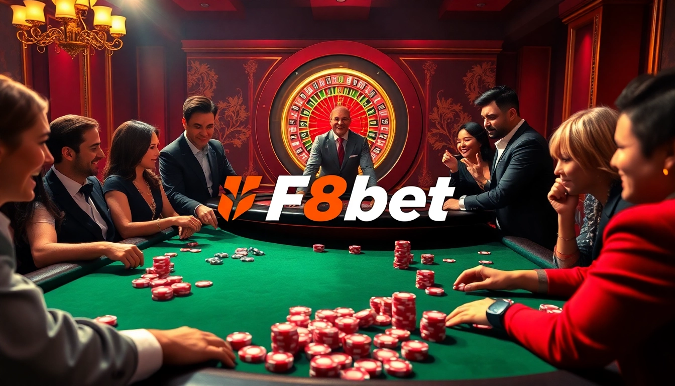 Players enjoying an exciting game at F8bet's casino table, with vibrant poker chips and a roulette wheel.