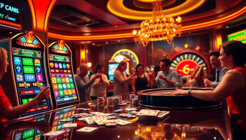 Winning excitement at https://www.6slots8.com/ with vibrant slot machines, cheerful players, and casino elements.