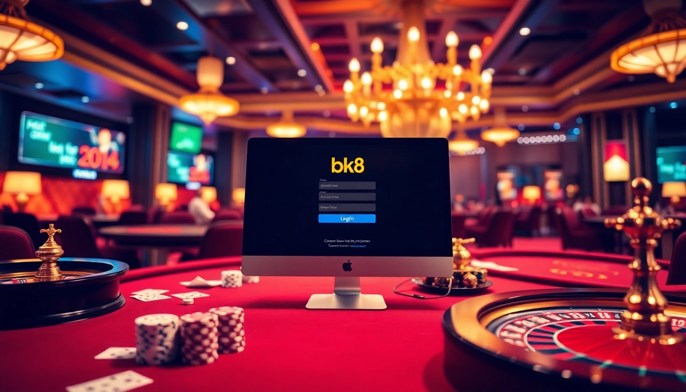 Access the secure bk8 login portal while enjoying a vibrant online casino atmosphere with cards and chips.