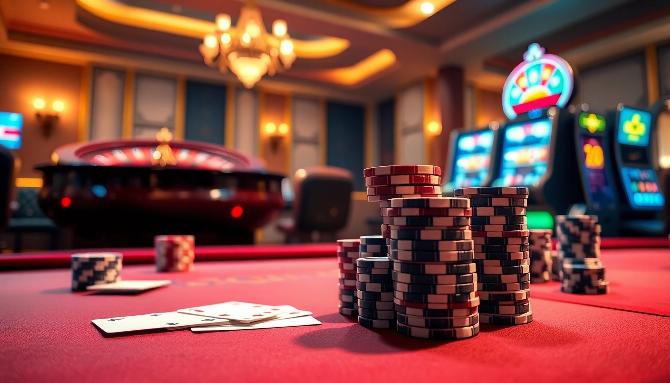 A dynamic casino scene illustrating Trang chủ Luck8 with poker chips, cards, and slot machines.