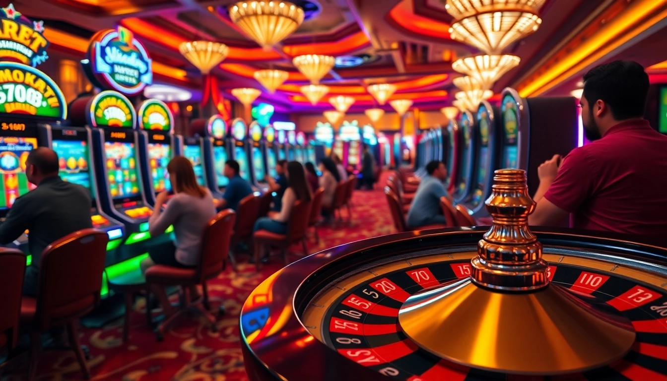 Players engaging with slot machines at a casino featuring the stylish TK88 slot area, full of excitement.