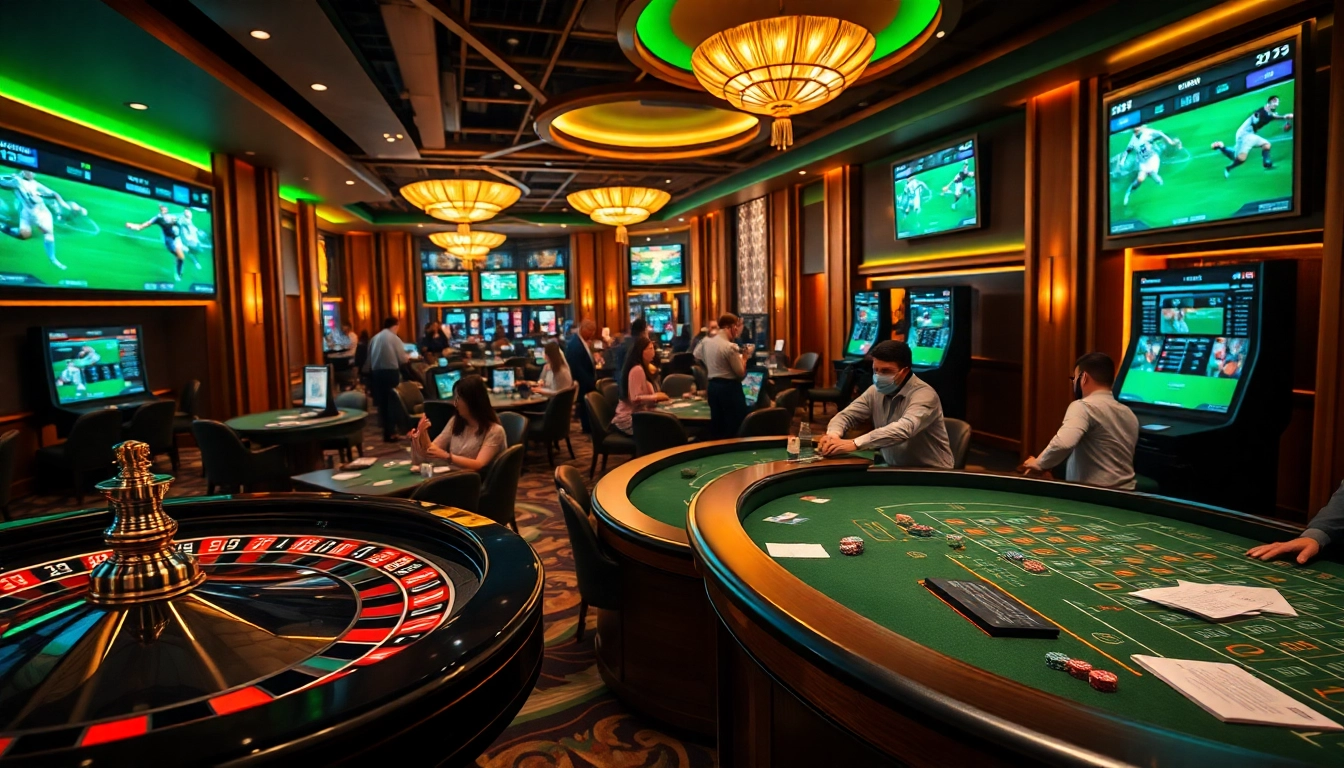 Excited gamblers placing bets on kèo bóng đá in a luxurious casino setting with live odds.