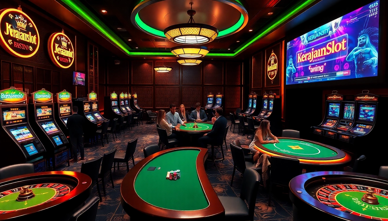 Experience the excitement of kerajaanslot with a luxurious casino scene featuring vibrant slot machines and poker tables.