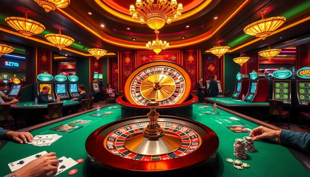 Experience the excitement of 5Z777 in a vibrant casino environment with roulette and poker action.