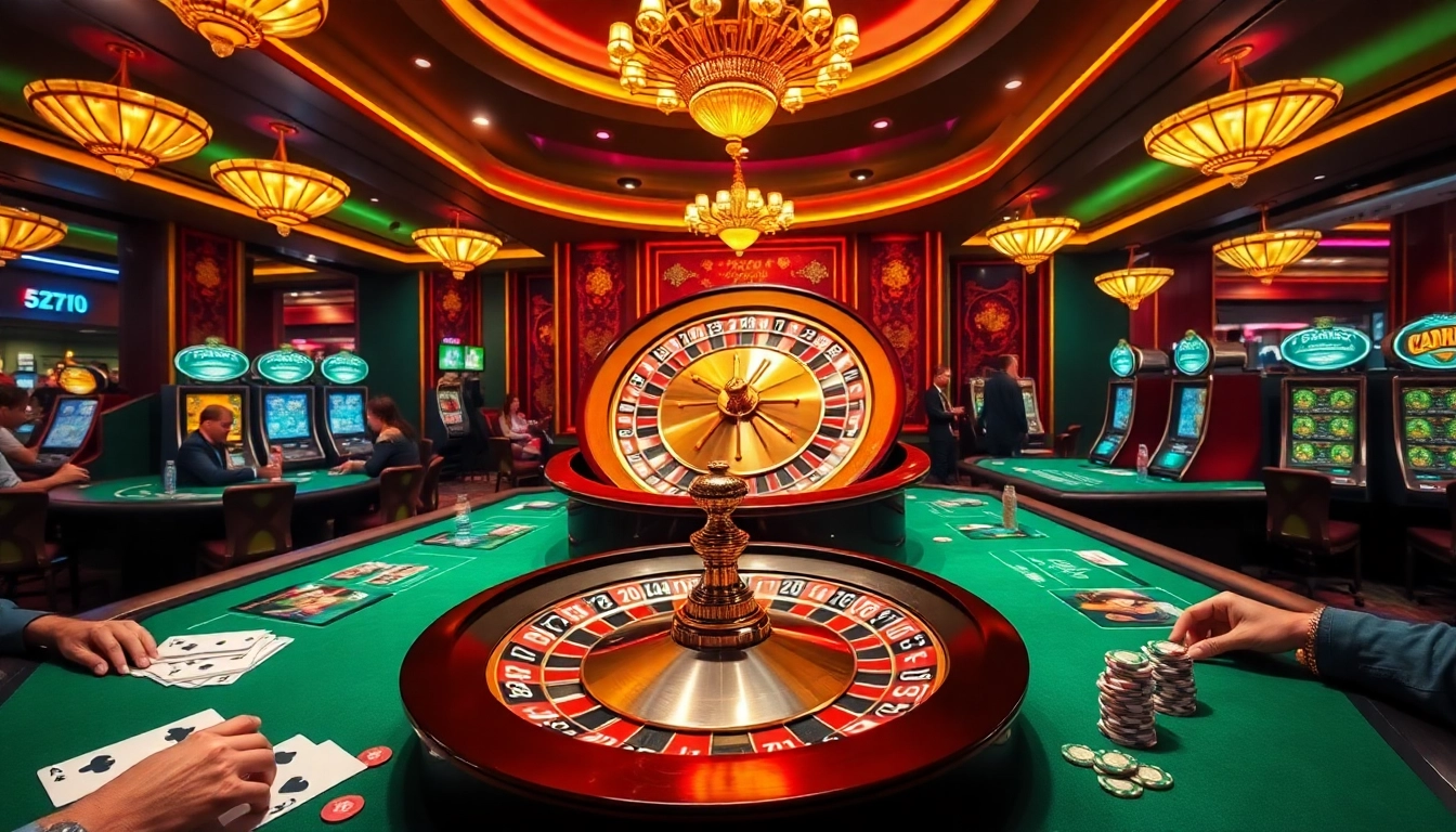 Experience the excitement of 5Z777 in a vibrant casino environment with roulette and poker action.