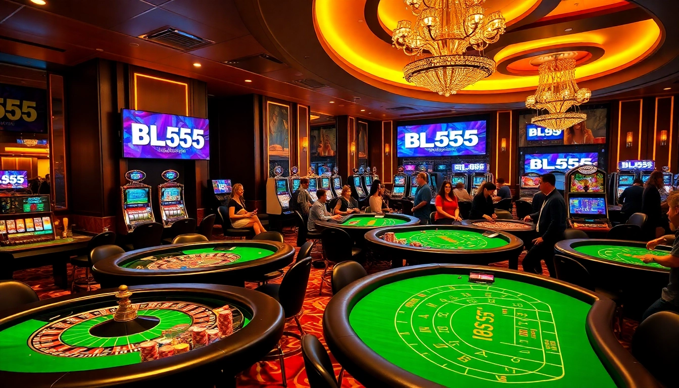 Casino gaming scene with BL555 branding and vibrant tables, showcasing excitement and luxury.