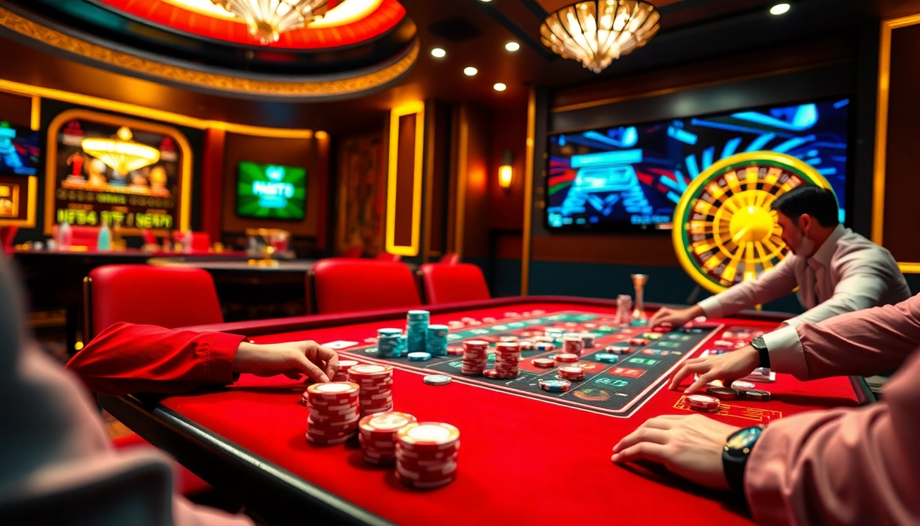 Experience the thrill of gambling at Hitclub with poker players and vibrant casino elements.