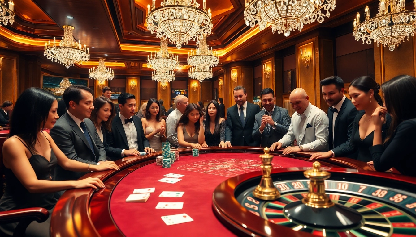 TOP CLUB: Players engage in high-stakes poker surrounded by vibrant casino elements and luxury decor.