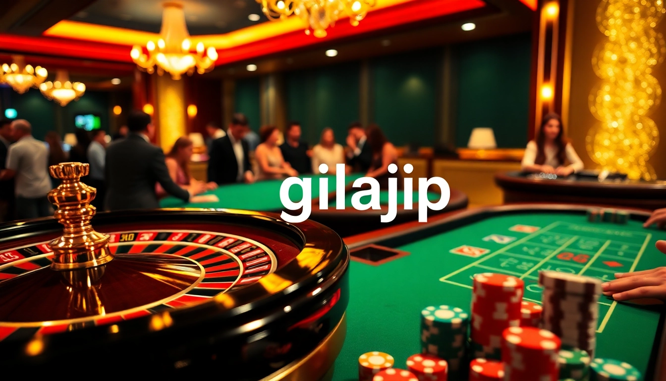 Players at a luxurious casino table, engaging with thrilling games like blackjack and roulette while exploring gilajp online.