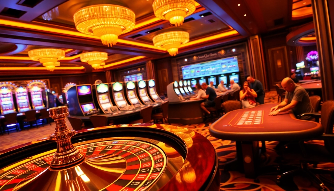 Experience the thrilling action at J88 with players engaging at vibrant casino tables and slot machines.