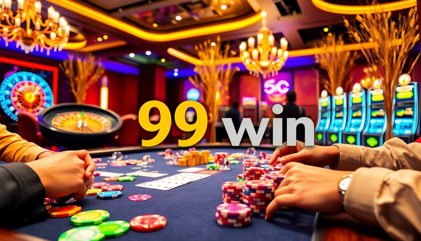 99 win highlights an exhilarating poker game with vibrant chips and a stylish casino backdrop.