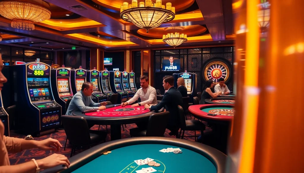 Players enjoying an exciting moment at pub88 casino tables with vibrant games and luxurious ambiance.
