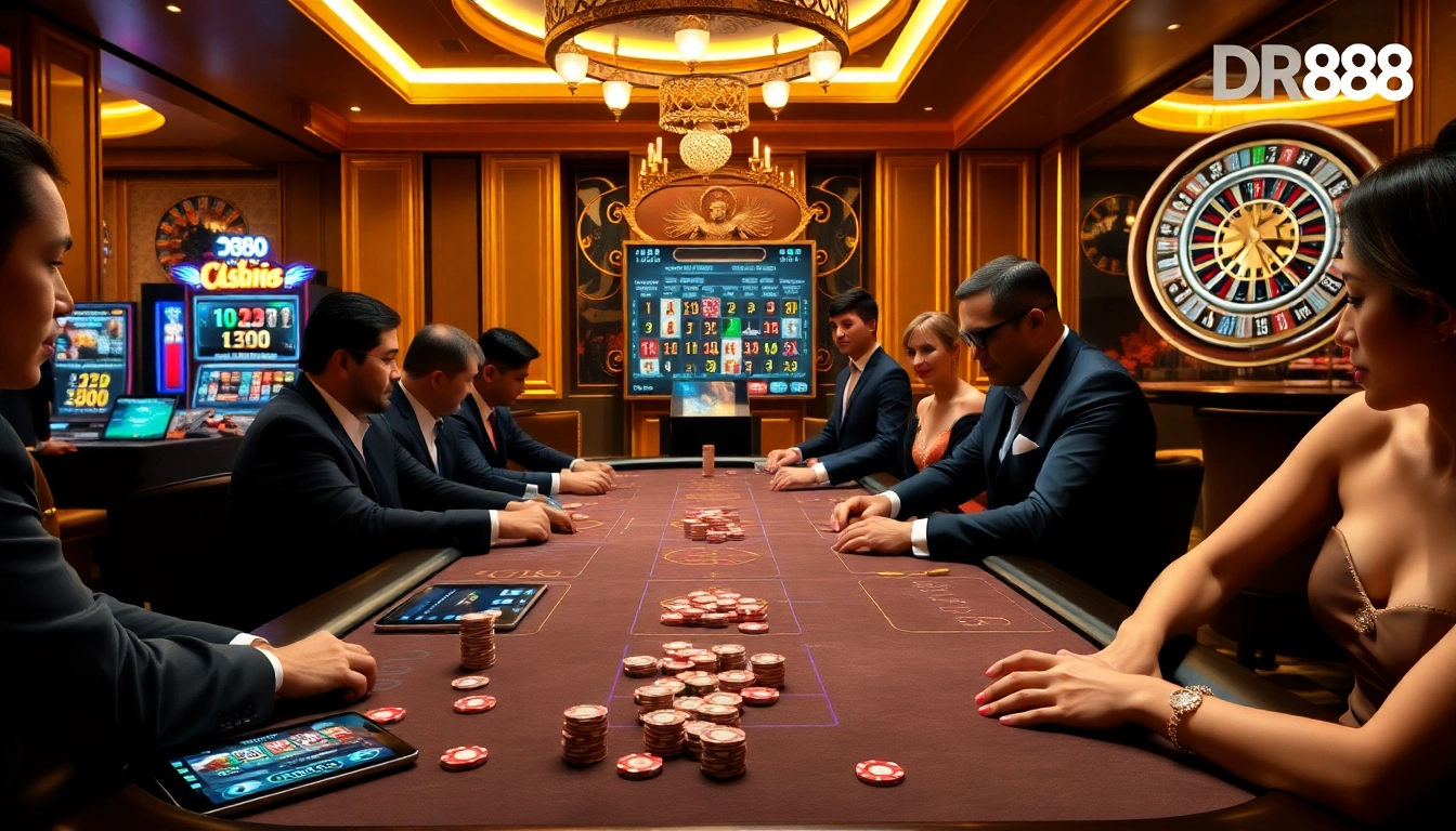 Players strategizing their moves on DR88's poker table with vibrant chips and digital screens.