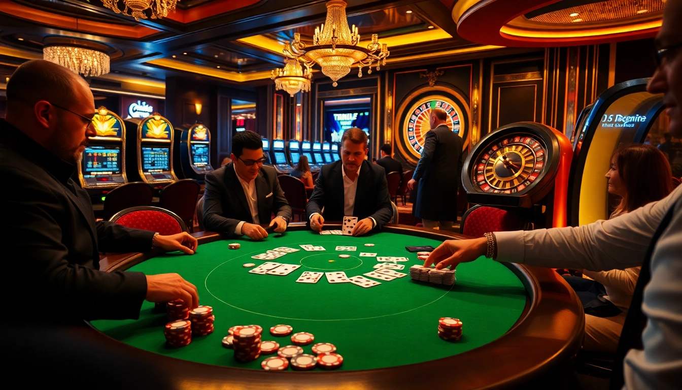 Players engaging in a thrilling poker game at a lavish casino inspired by https://kk55.group, showcasing strategic betting.