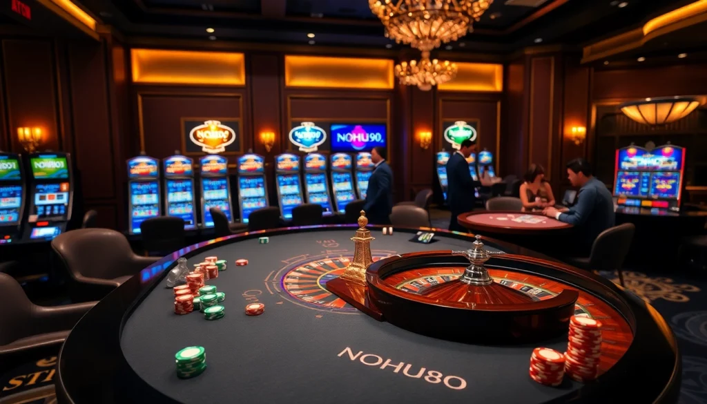 Experience the thrill of NOHU90 with vibrant casino gaming tables and exciting slot machines.
