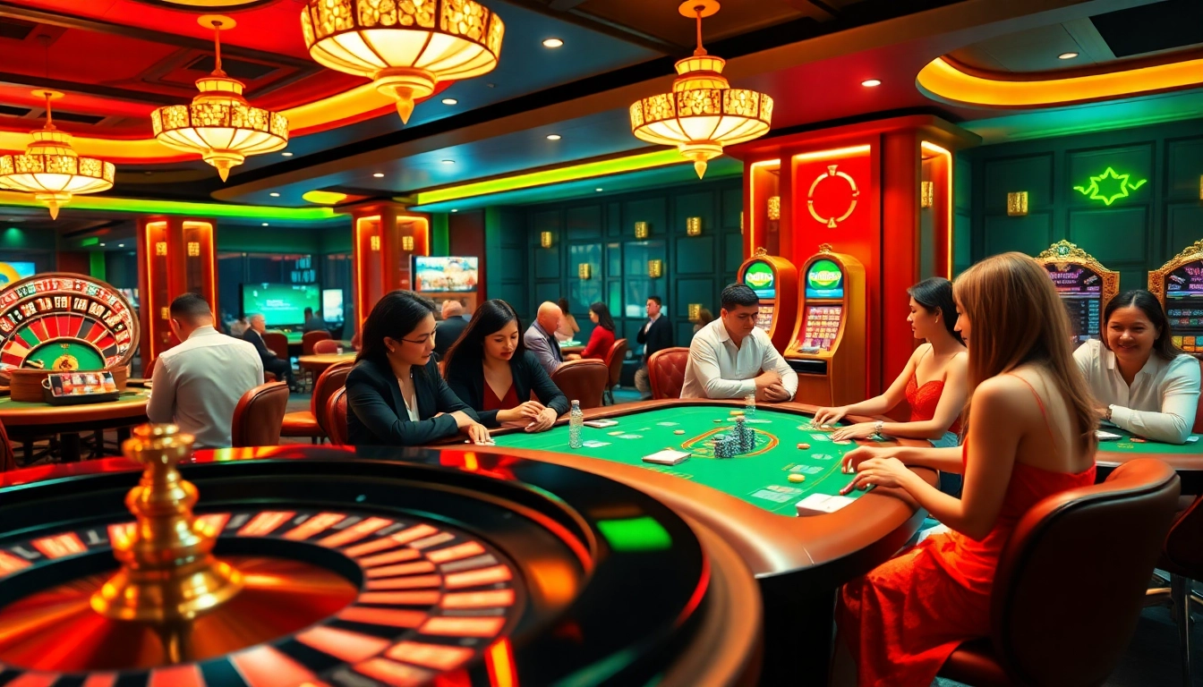 Excited players enjoying a lively casino atmosphere at XX88, featuring roulette and poker tables.