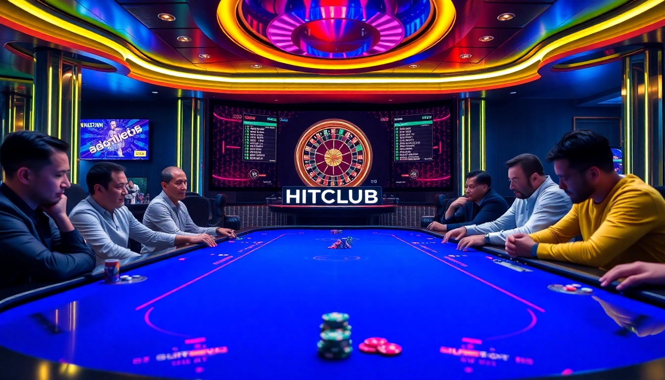 Engaged players enjoying a thrilling poker game at HITCLUB Casino, surrounded by excitement and luxury.