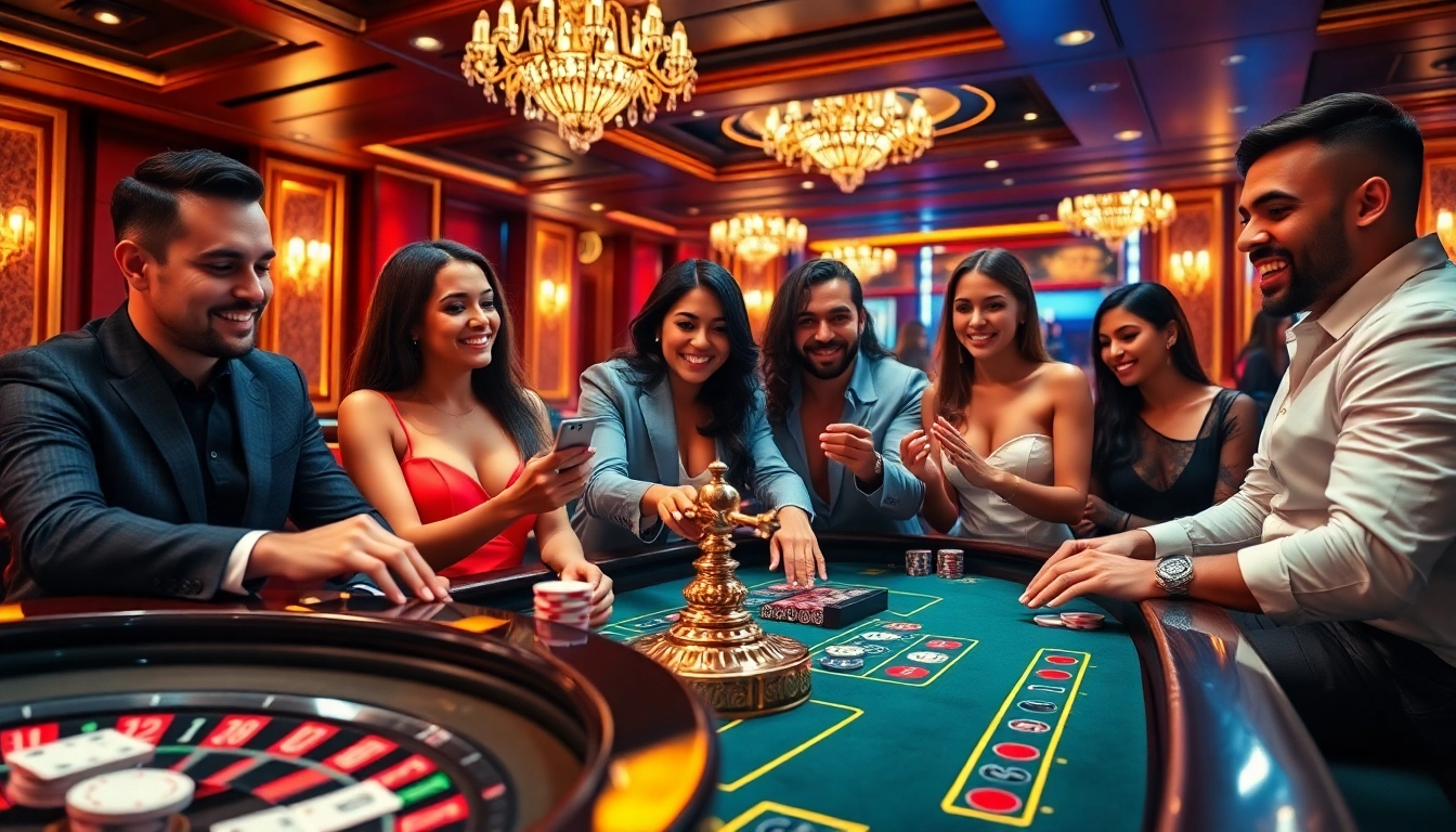 Players enjoying a thrilling moment at the 789club casino table with poker chips and cards.