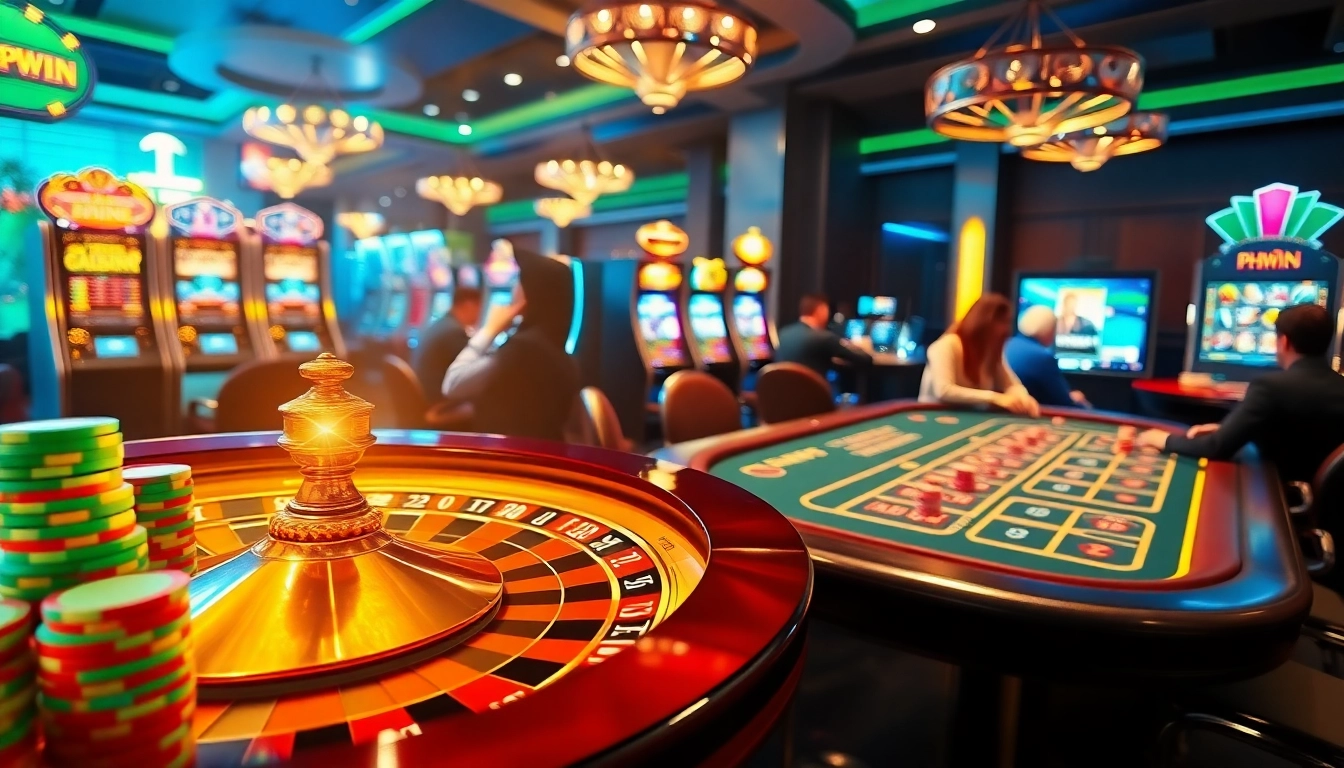 Engage in high-stakes excitement at phwin with roulette and blackjack tables in a luxurious casino setting.