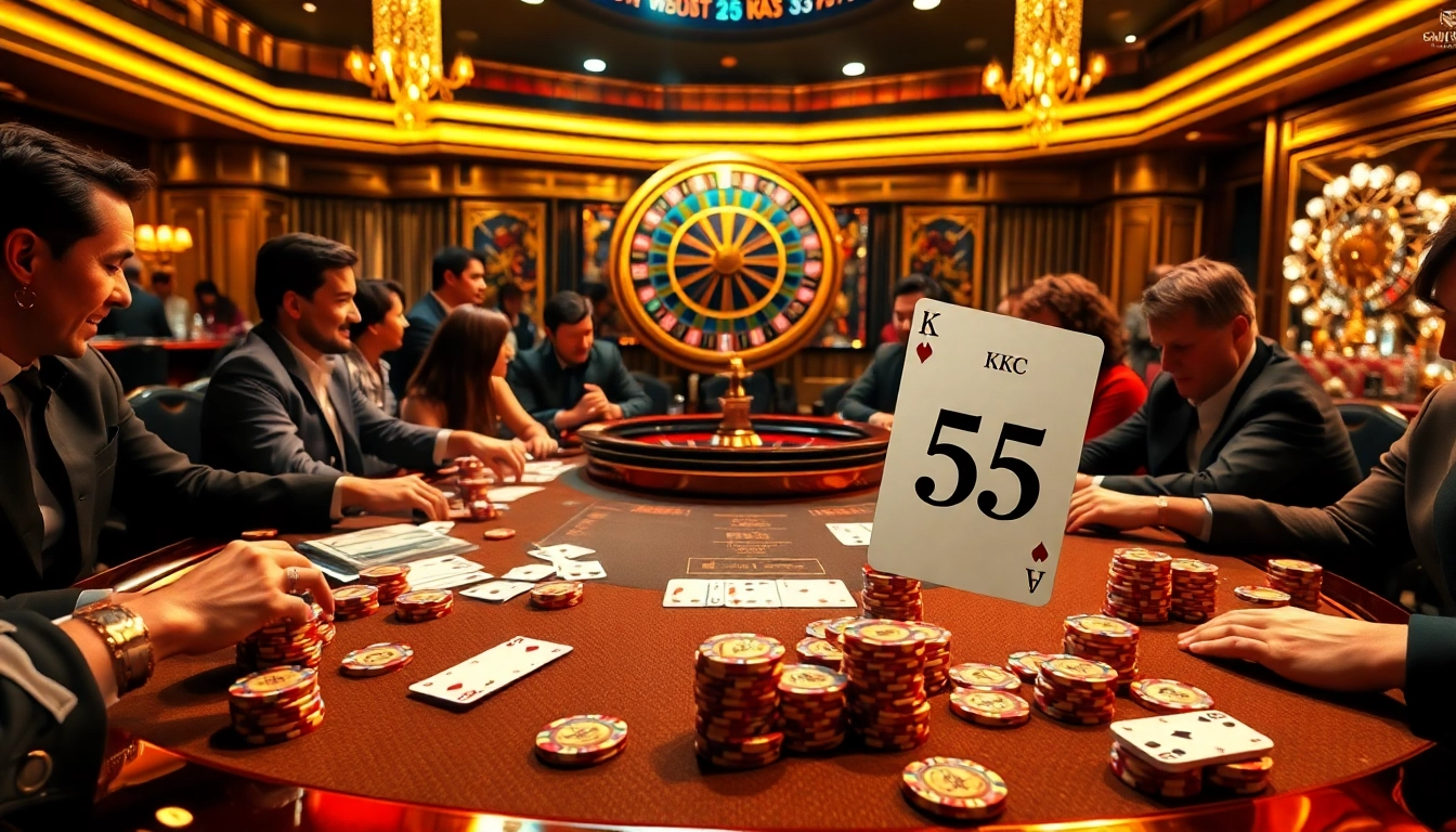 Engaging players strategizing their bets at a lively casino table with KK55 card designs.
