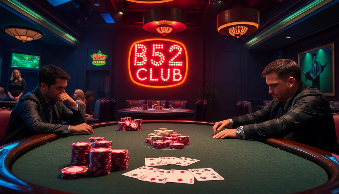 B52 club poker players strategizing over high-stakes game with luxurious casino backdrop.