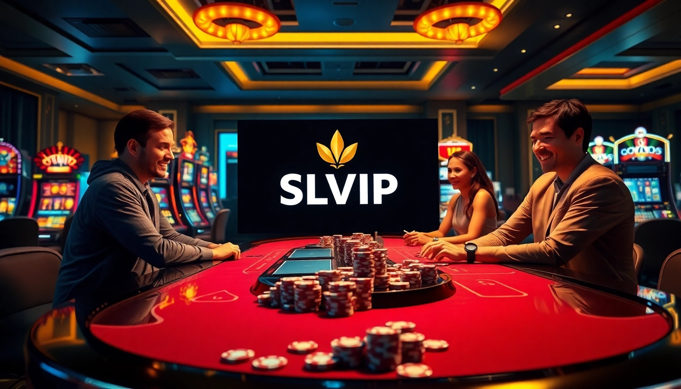 Players enjoying the SLVIP online casino experience with vibrant tables and slot machines.
