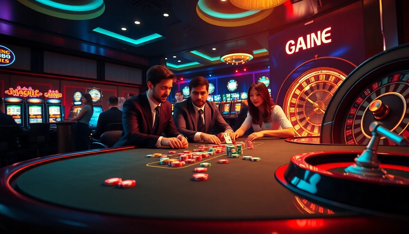 Engaged players experiencing high-stakes poker action at a dn88 casino, showcasing vibrant chips and a roulette wheel.