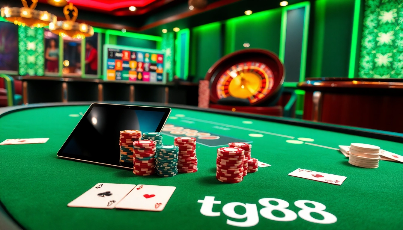 Engaging casino table scene highlighting tg88 with vibrant poker chips and cards.