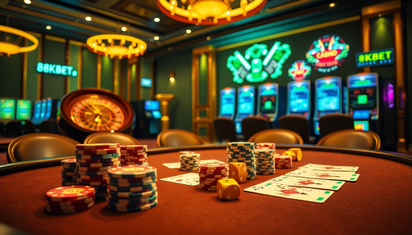 Experience thrilling gaming with 8KBET at a luxurious casino table filled with poker chips and cards.