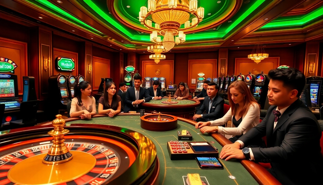 Engage with "Daftar Modal138" on a luxury online casino platform, featuring diverse players at roulette and poker tables.