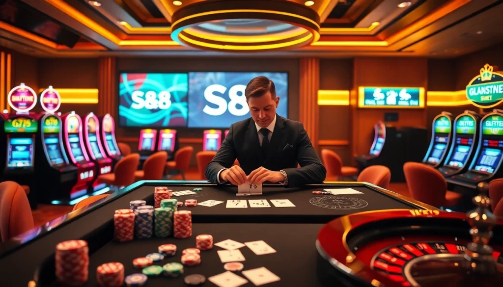 S8 Casino offers a vibrant table scene with poker chips and a roulette wheel in action.