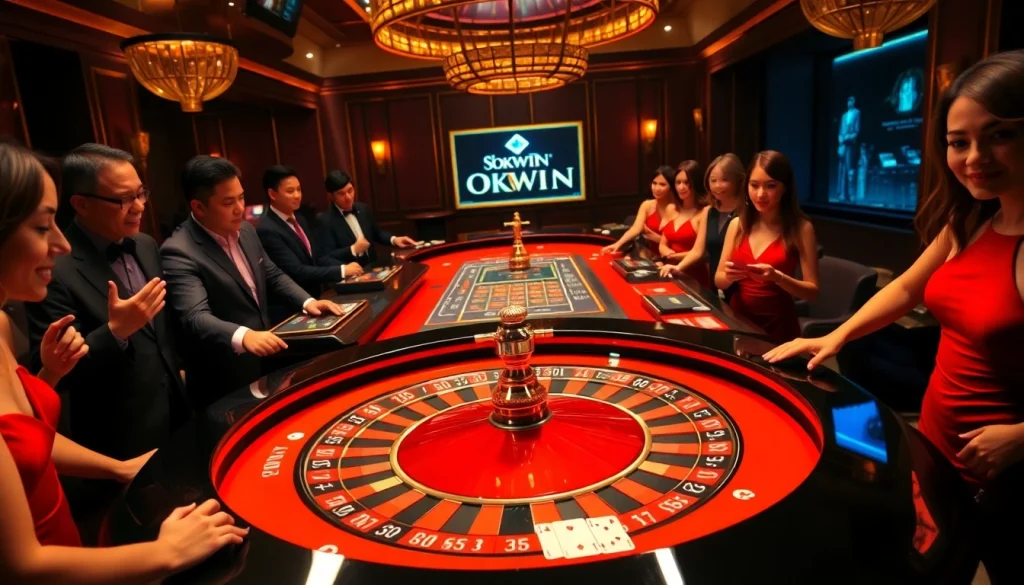 Experience the thrill of OKWIN gaming at a luxurious casino with vibrant roulette and poker.