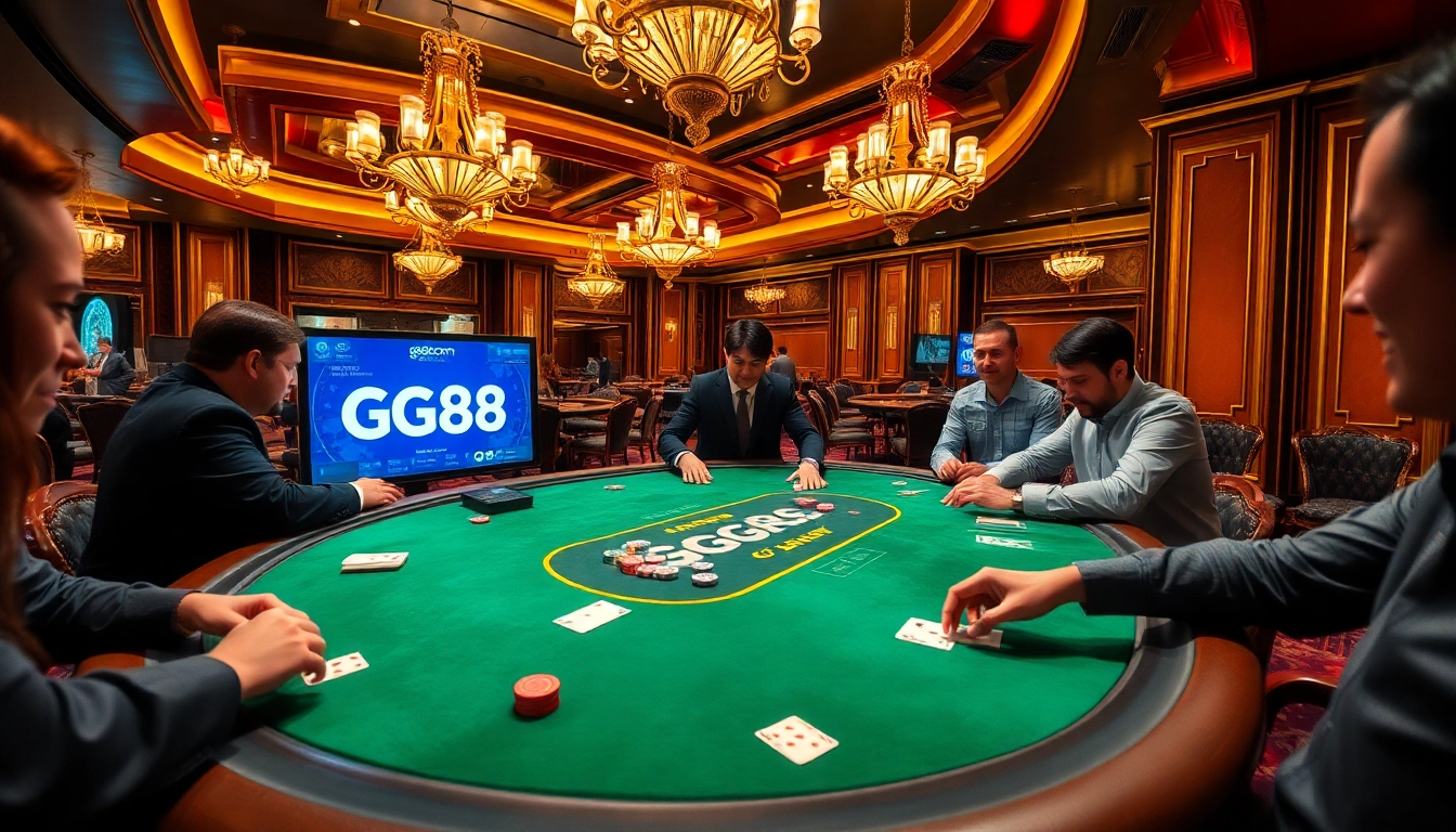 Players enjoying high-stakes poker at gg88 com, featuring vibrant colors and luxurious casino elements.