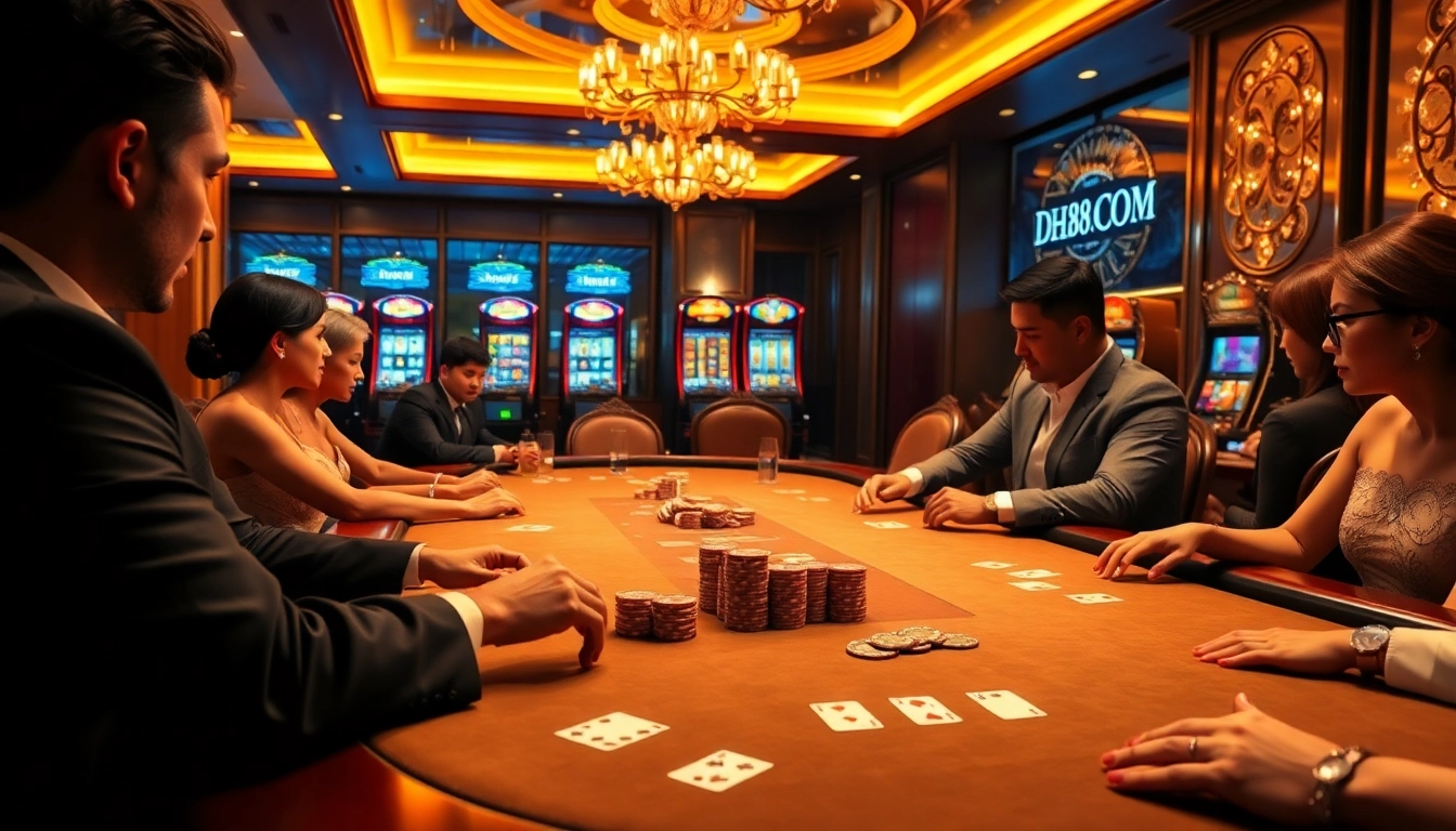 This image captures a thrilling moment at a poker table on DH88.COM, showcasing excitement and luxury in gambling.