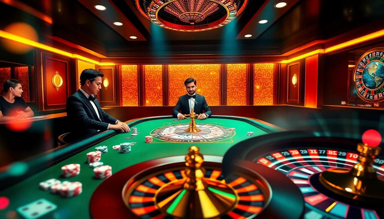 B52 club vibrant online casino scene with poker players, chips, and roulette wheel.