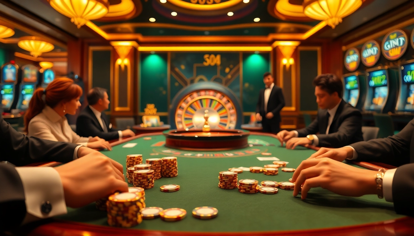 Gamblers experiencing thrill at gamenohu99.com with vibrant casino games and elegant atmosphere.