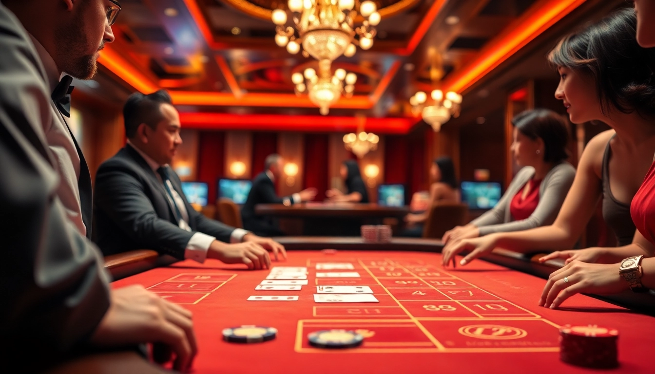 에볼루션 바카라 게임을 즐기는 플레이어들과 딜러가 있는 고급스러운 카지노 테이블