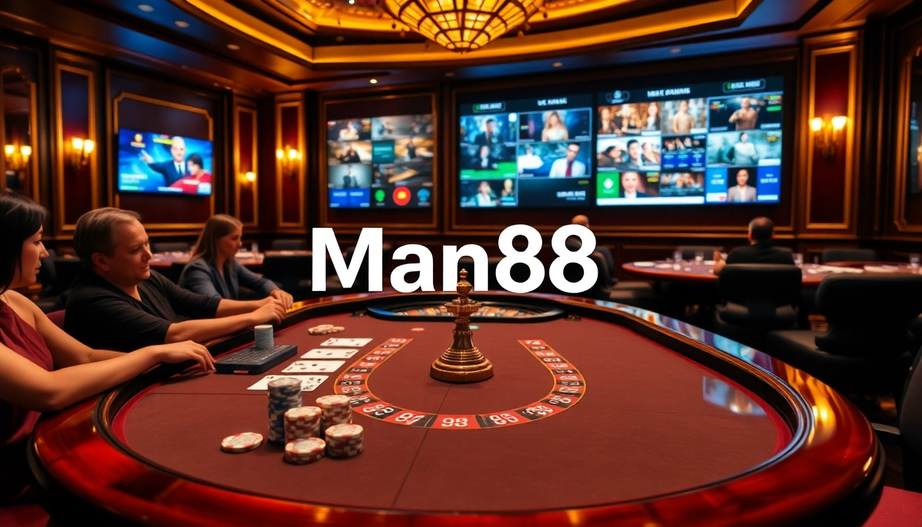 Experience thrilling gaming at Man88 with poker players and classic casino elements.