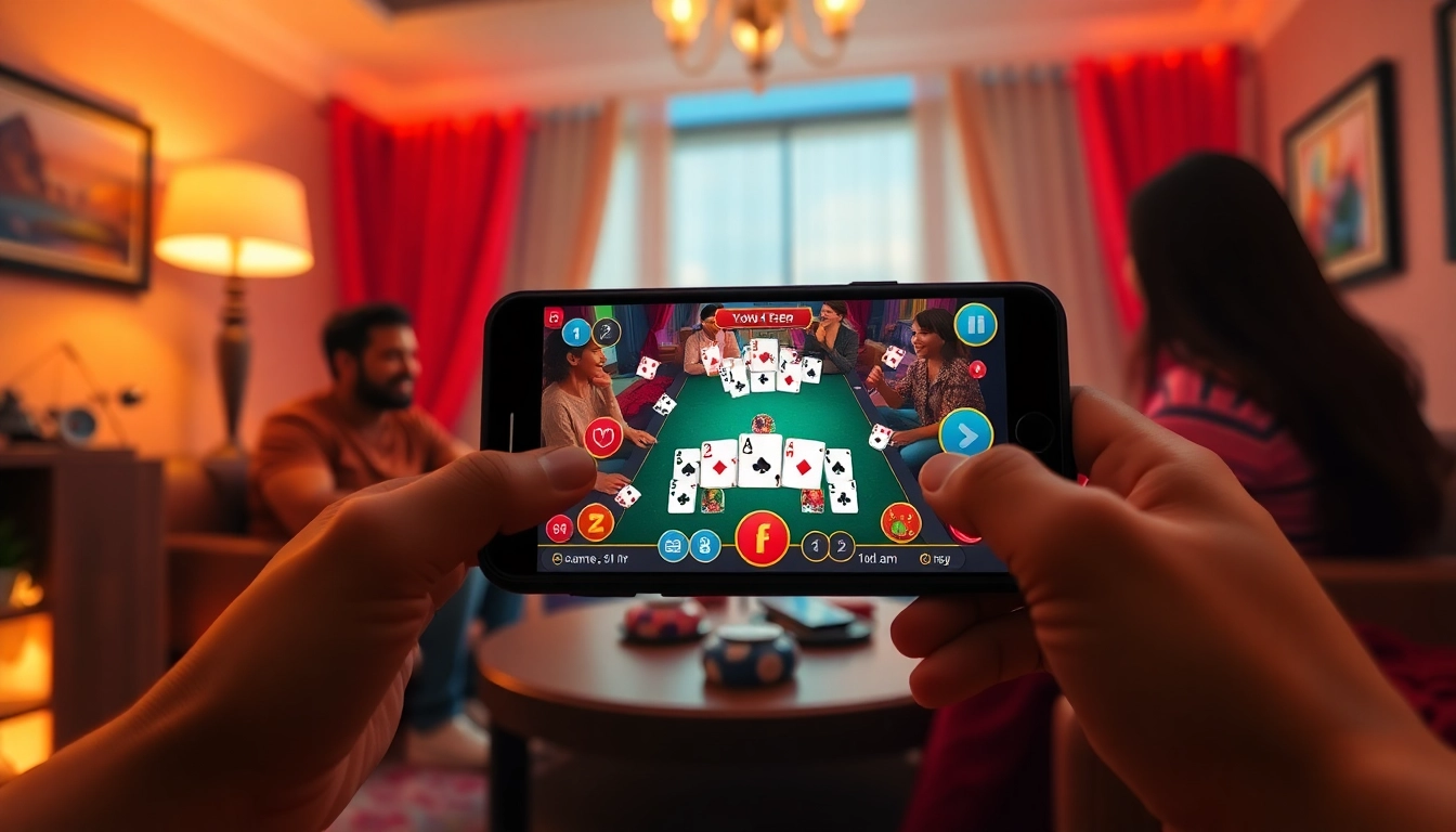 Enjoying yono rummy with friends on a smartphone in a cozy living room.