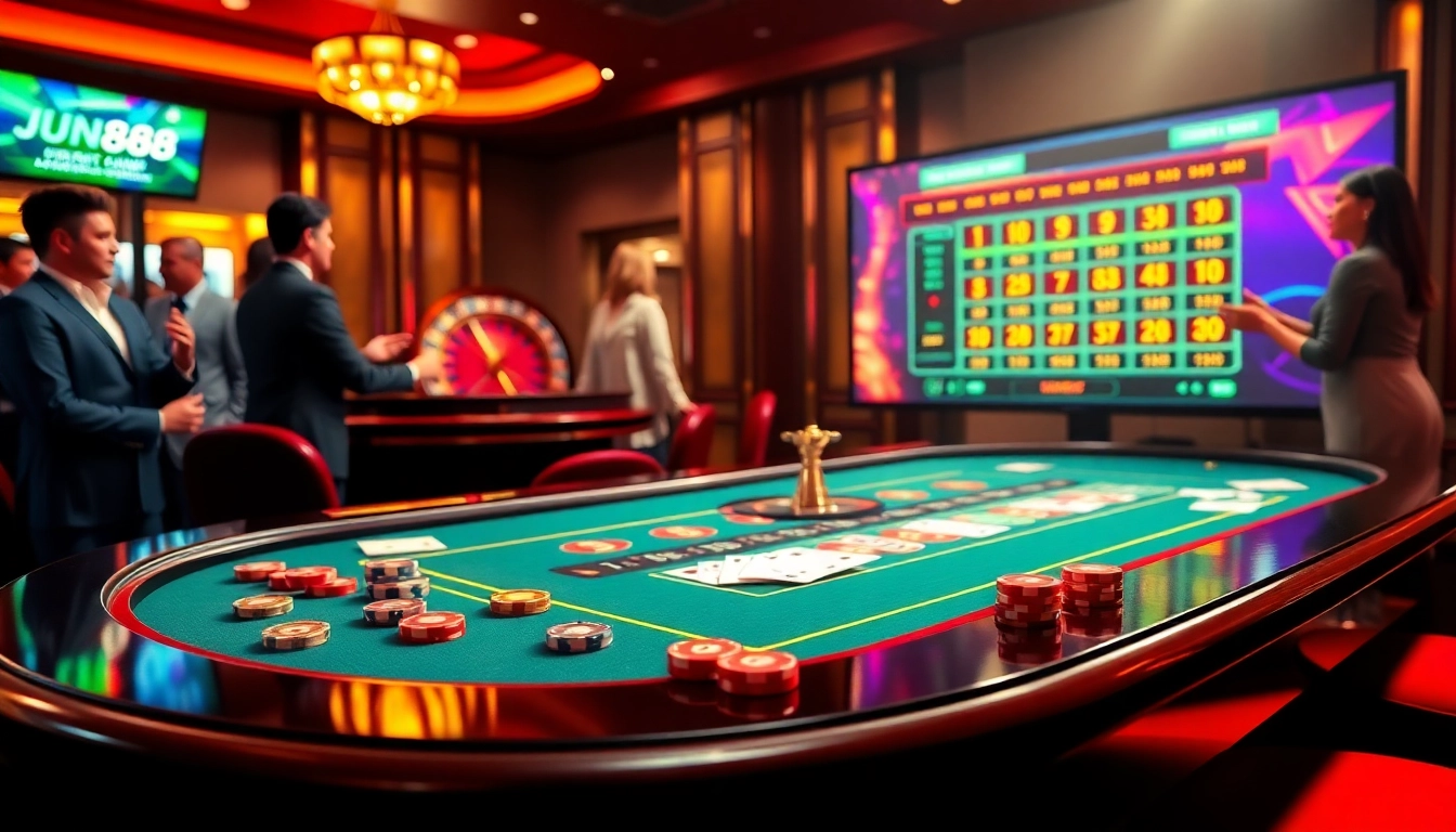 Jun888 players enjoying a thrilling blackjack game in a vibrant casino setting.