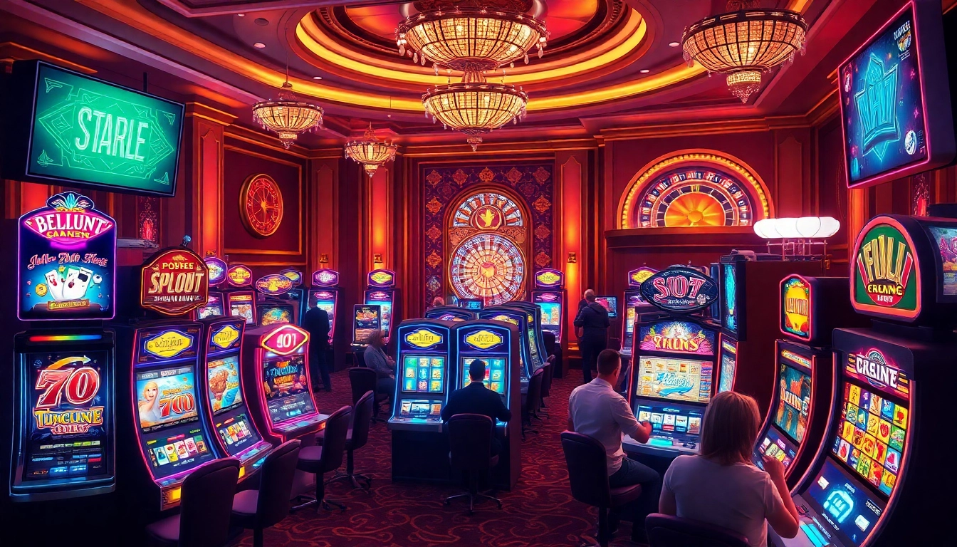 Players engaging with colorful slot machines in a vibrant casino atmosphere