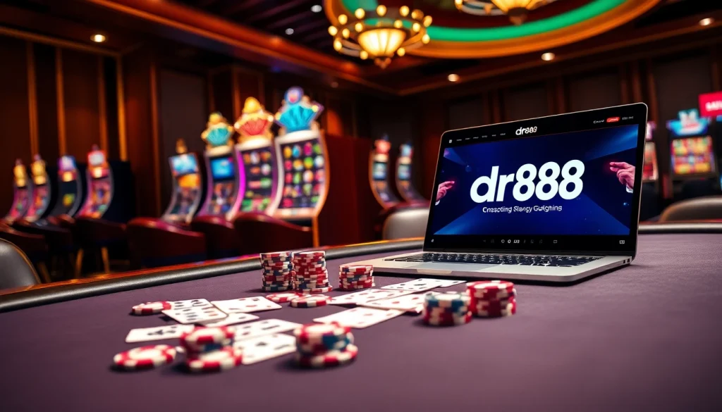 Engage in thrilling gameplay at dr88's premier casino with vibrant poker tables and online interface.