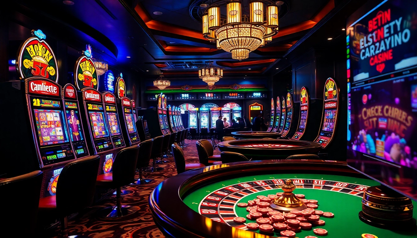 Players enjoy thrilling slot machines in a vibrant casino setting, showcasing excitement and luxury.