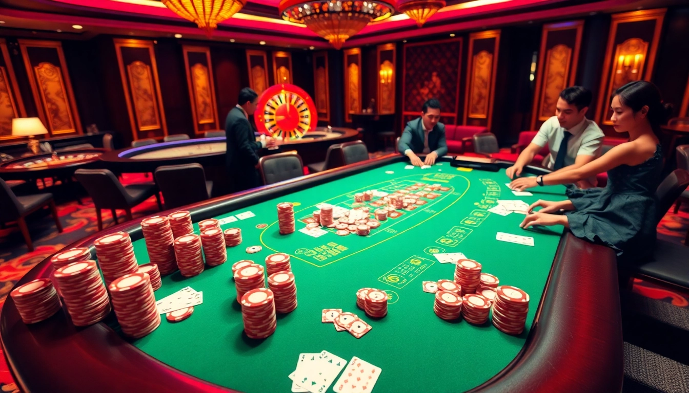 Exciting scene of players engaging in game bài đổi thưởng at a luxurious casino table.