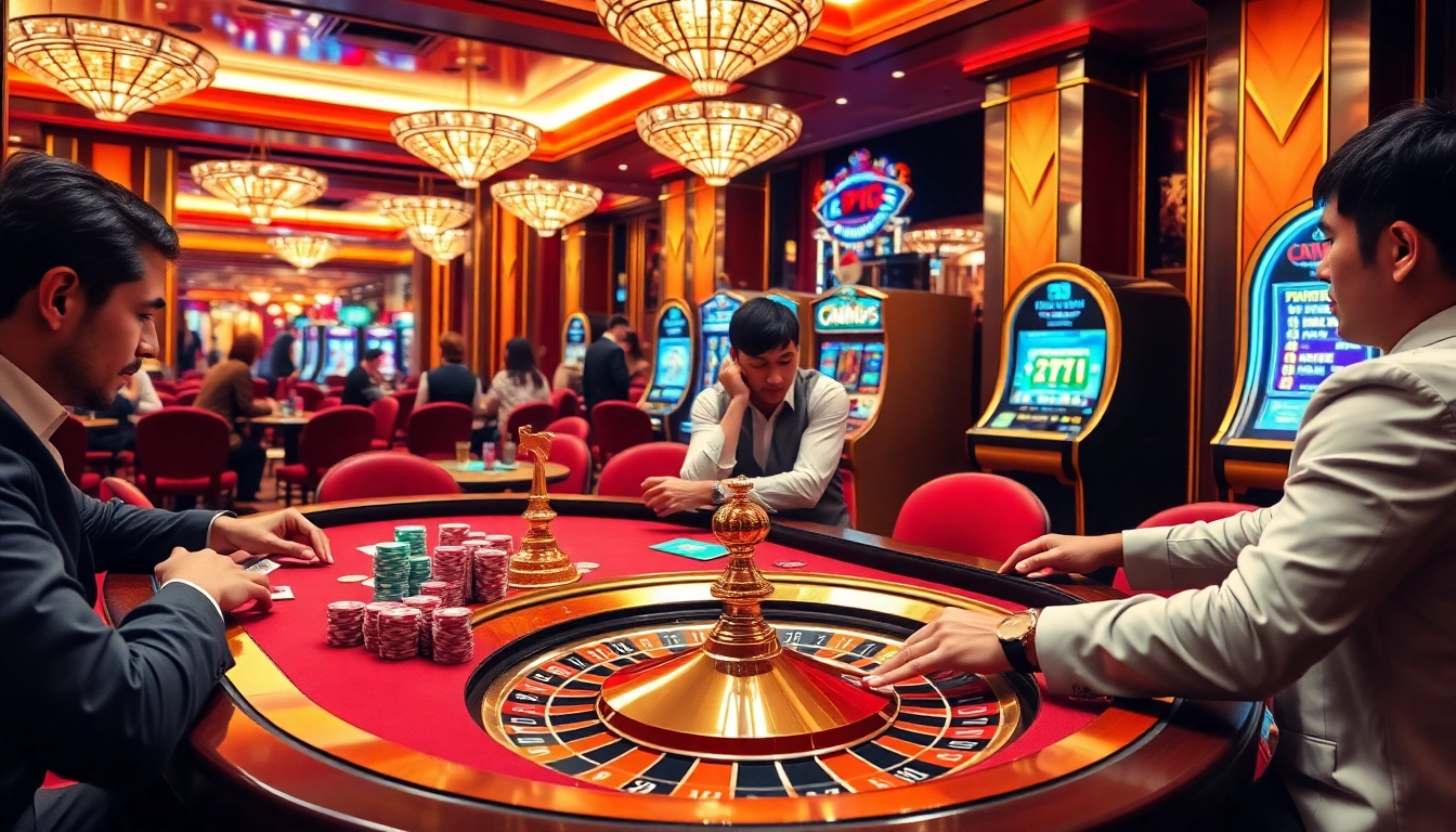 Experience the vibrant excitement of gambling at https://xx88tv.com/ featuring a lively casino scene with poker, roulette, and colorful chips.